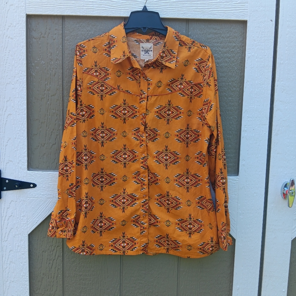 Cotton & Rye Outfitters Mustard Aztec Western Print With Pearl Snaps Size L